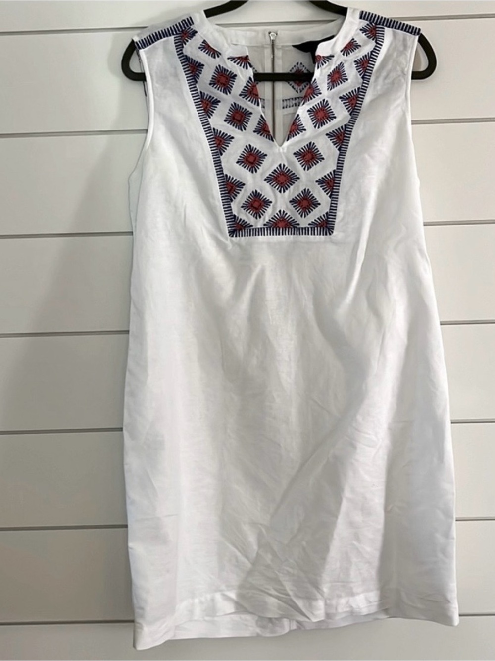 Jace White Sleeveless Embroidered Shift Dress - White with Navy & Red Detail